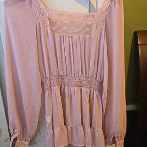 Candie's Pink Bishop Sleeve Blouse with Smocked Details